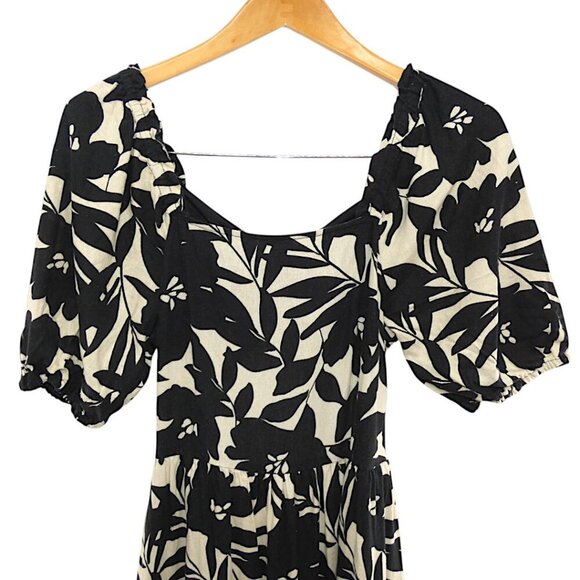 Cottagecore Black Tan Linen Puff Sleeve Tie Back Cutout Midi Dress Size S Floral - Picture 4 of 13